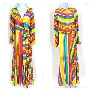 Corrida Women's Rainbow Striped Balloon Sleeve Wrap Maxi Dress Multi-Color Small
